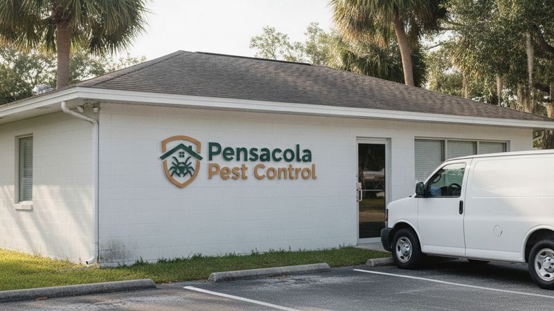 The Pensacola Pest Control office, a single-storey building on a Pensacola side street
