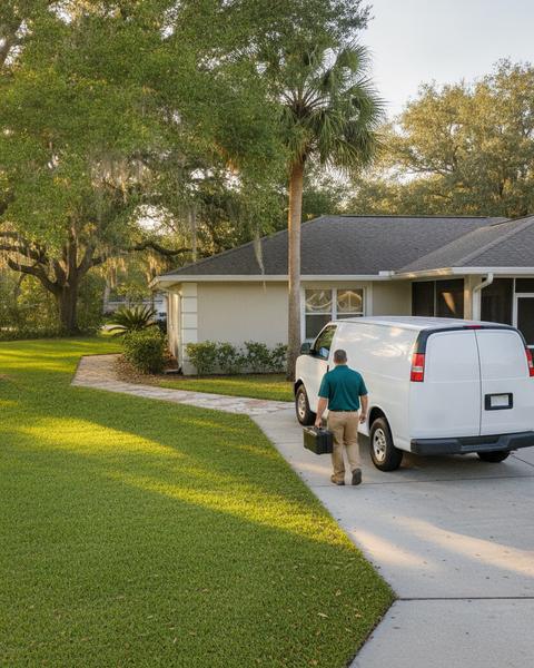 A pest control service van and technician at a Pensacola-area home