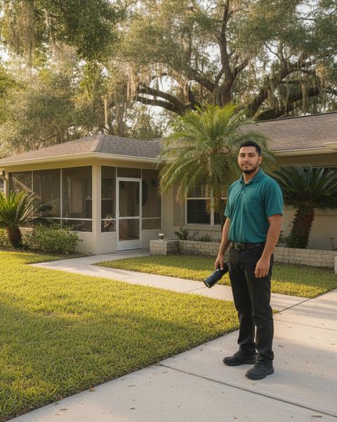 A pest control technician outside a Pensacola-area home
