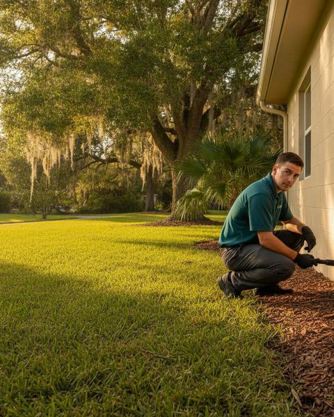 A pest control technician outside a Pensacola-area home