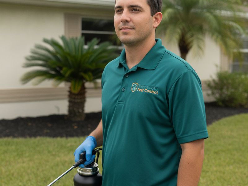 A uniformed pest control technician with a handheld sprayer outside a Florida home
